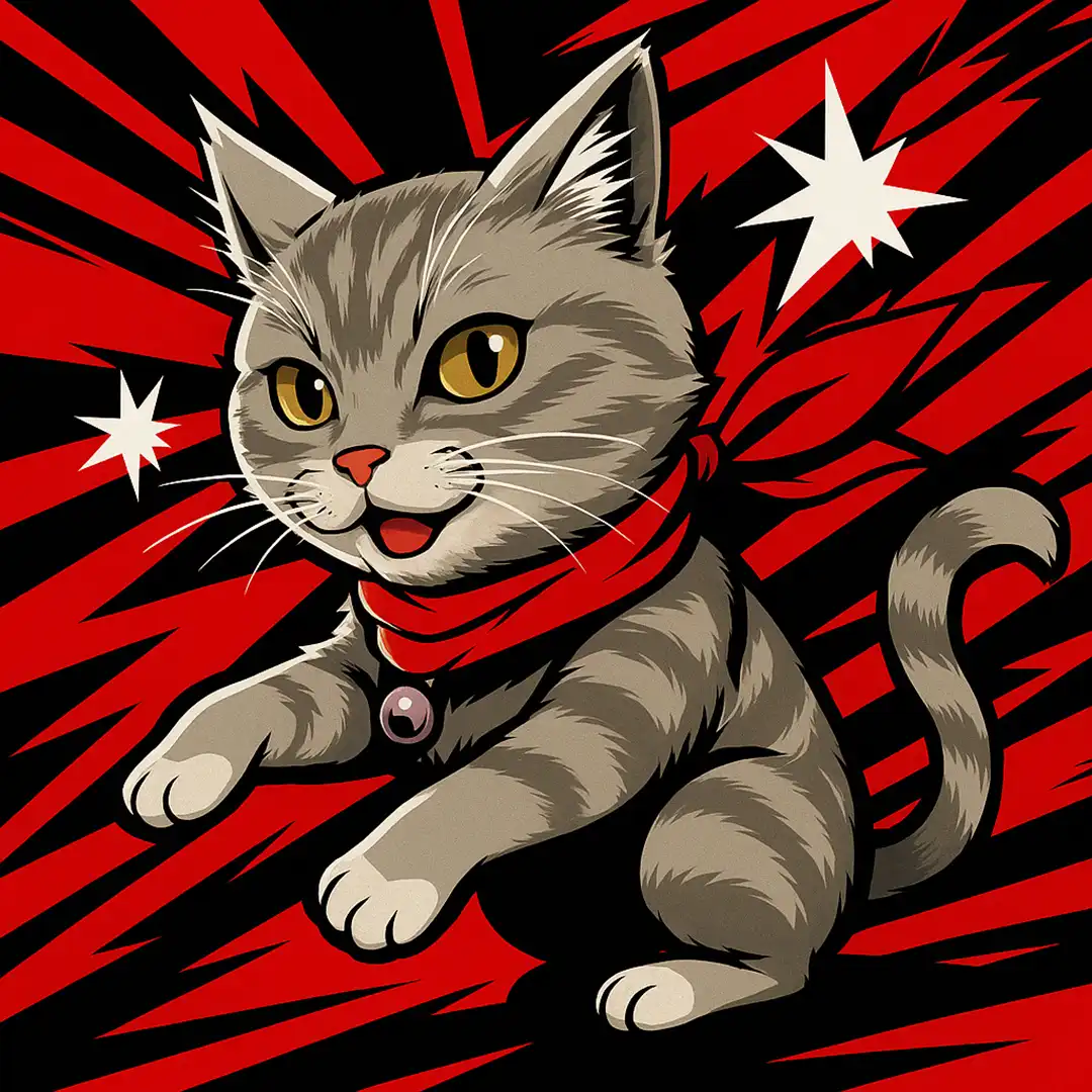 赤いスカーフの猫のイラスト（AI生成、Webマニュアル仮カバー用