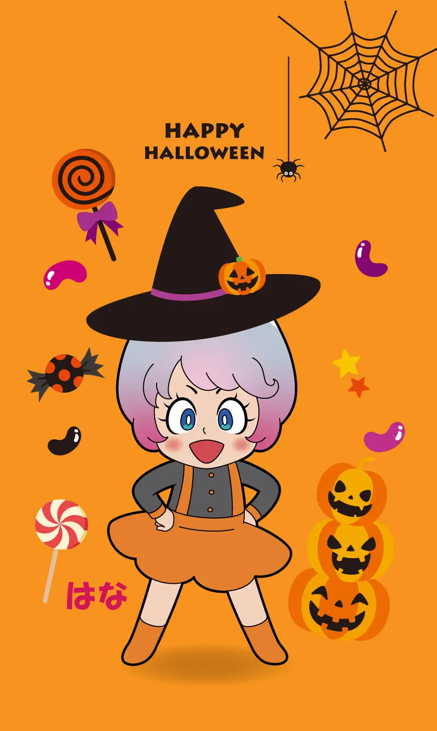 ハロウィンの魔女姿のキャラクター「はな」が笑顔でポーズを取っているイラスト