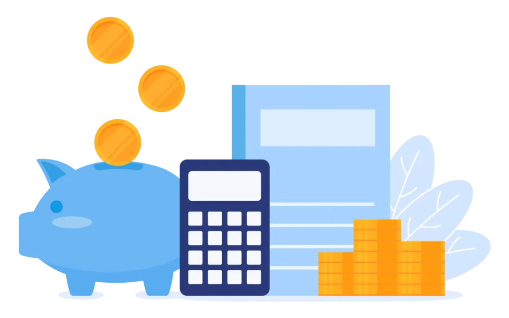 ブタの貯金箱と電卓とノート、金貨