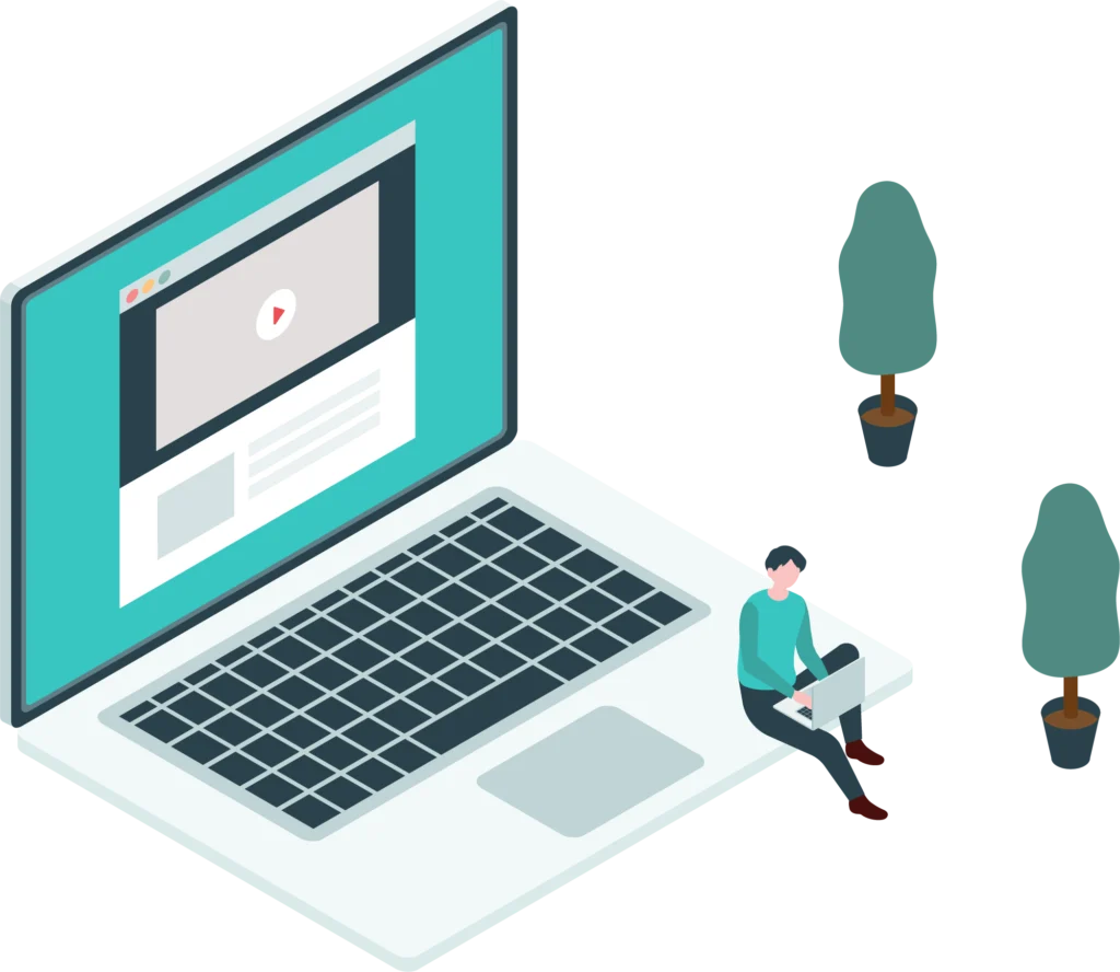 ノートパソコンと木と座っている人